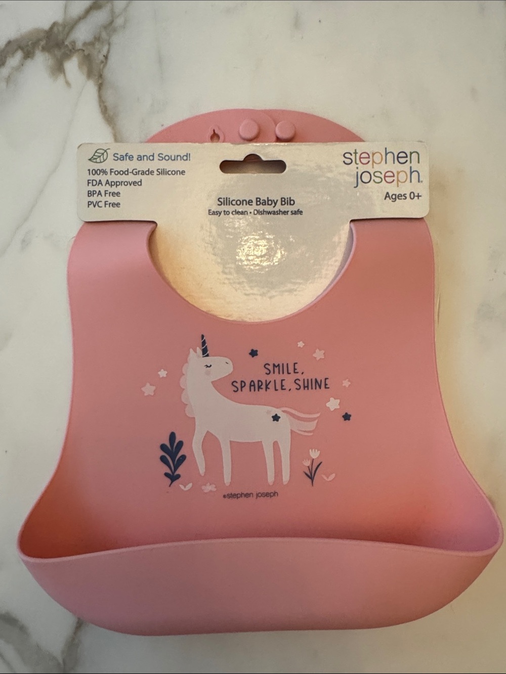 Stephen Joseph Pink Silicone Baby Bib with Unicorn Design